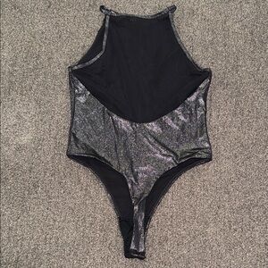 NWOT Victoria Sport Shimmering Black Sleeveless Bodysuit thong back